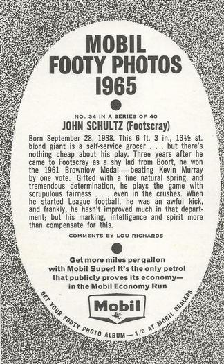 1965 Mobil Footy Photos VFL #34 John Schultz Back